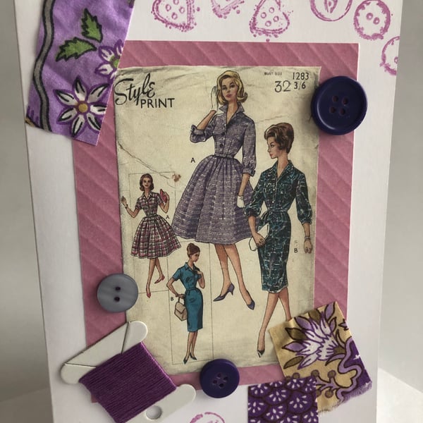 1950s Flared and Wriggle Dress Sewing Pattern Embellished Blank Birthday Card