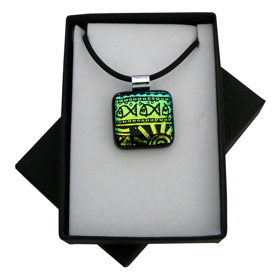 HANDMADE FUSED DICHROIC GLASS 'AZTEC' PENDANT.