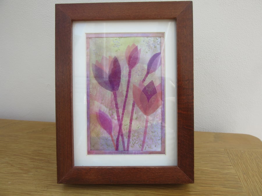 Tulip picture, pink flowers, embroidered, collage, framed textile art