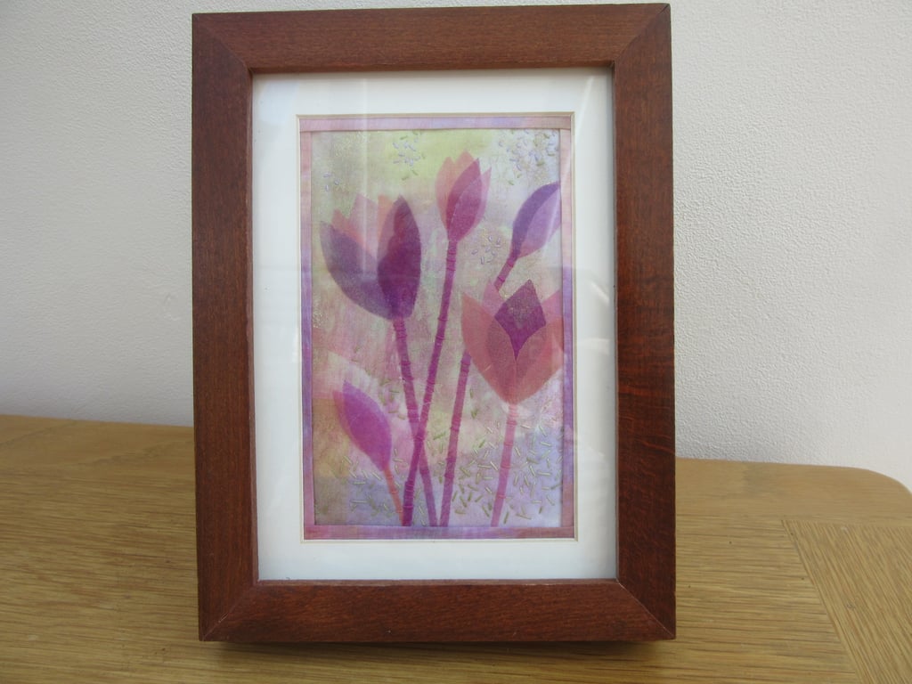 Tulip picture, pink flowers, embroidered, collage, framed textile art