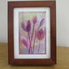 Abstract tulip picture, pink flowers, embroidered, collage, framed textile art