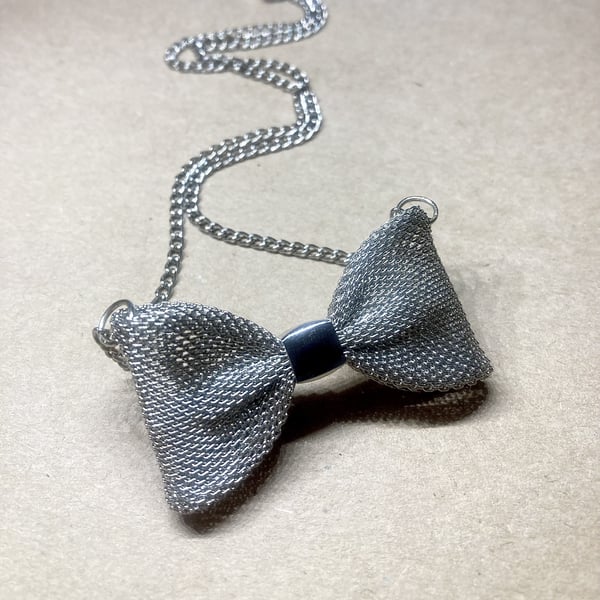 Upcycled Handmade Silver Mesh Bow Necklace - Bow Tie Necklace - costume jewelry