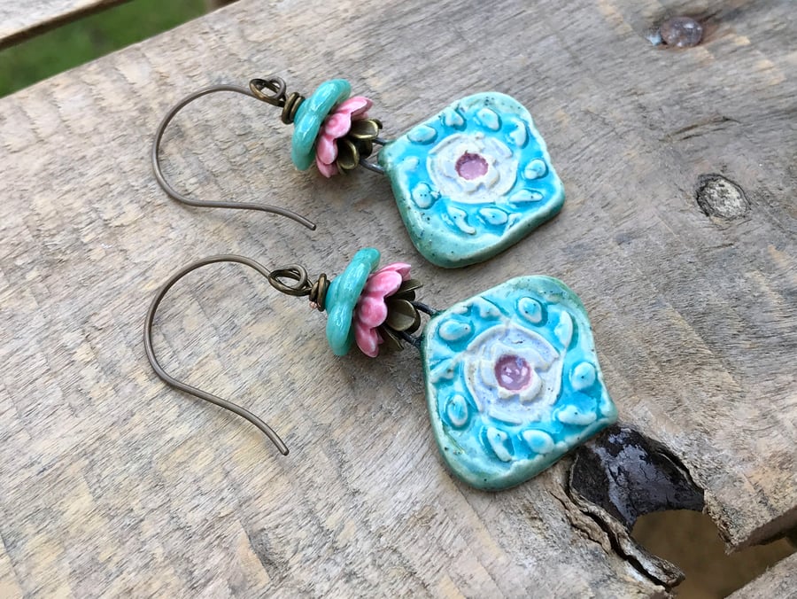 Artisan Ceramic Earrings. Turquoise & Pink Earrings. Colourful Bohemian Earrings