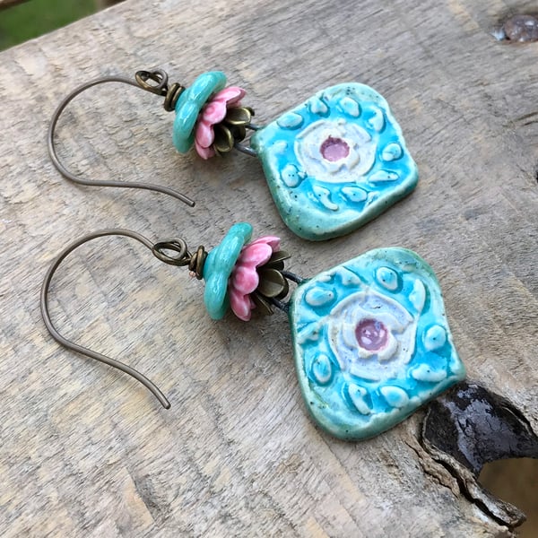 Artisan Ceramic Earrings. Turquoise & Pink Earrings. Colourful Bohemian Earrings