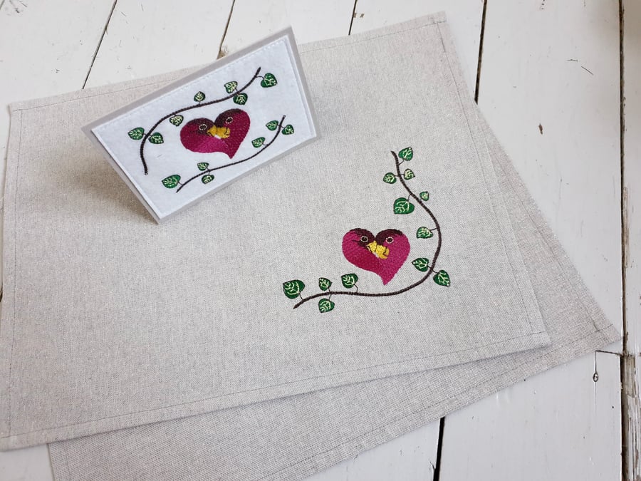 Valentines Matching Set of Embroidered Table Settings and Textile Gift Card