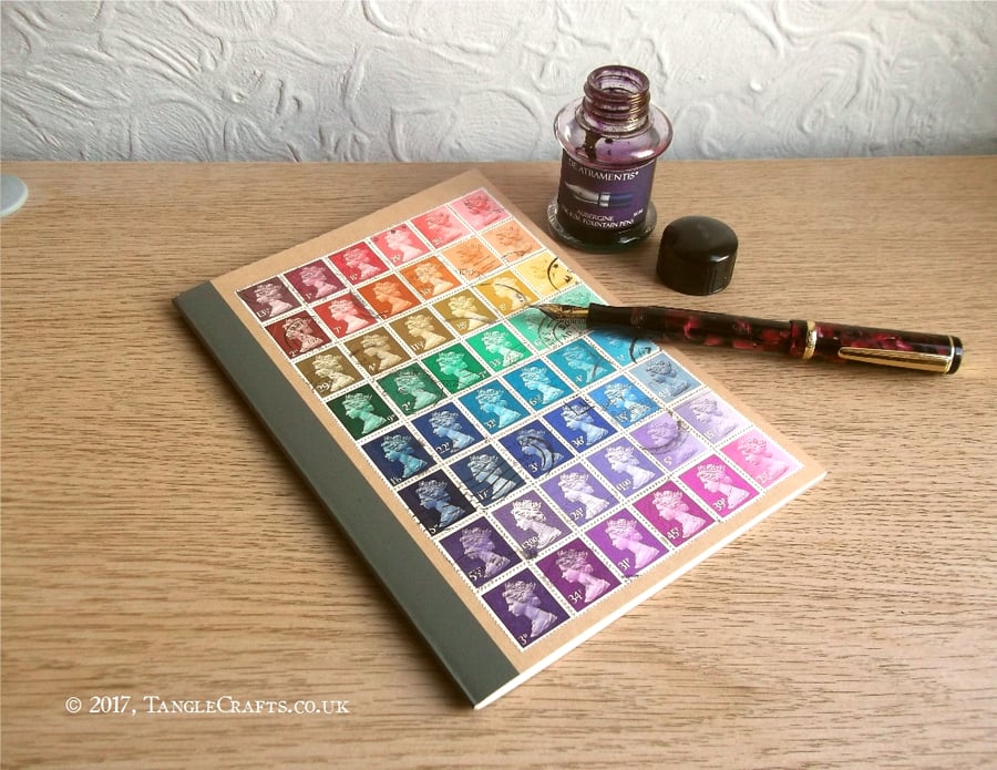 Retro Recycled Rainbow, Lined A5 notebook - Upcycled British postage stamps