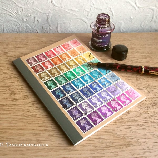 Retro Recycled Rainbow, Lined A5 notebook - Upcycled British postage stamps
