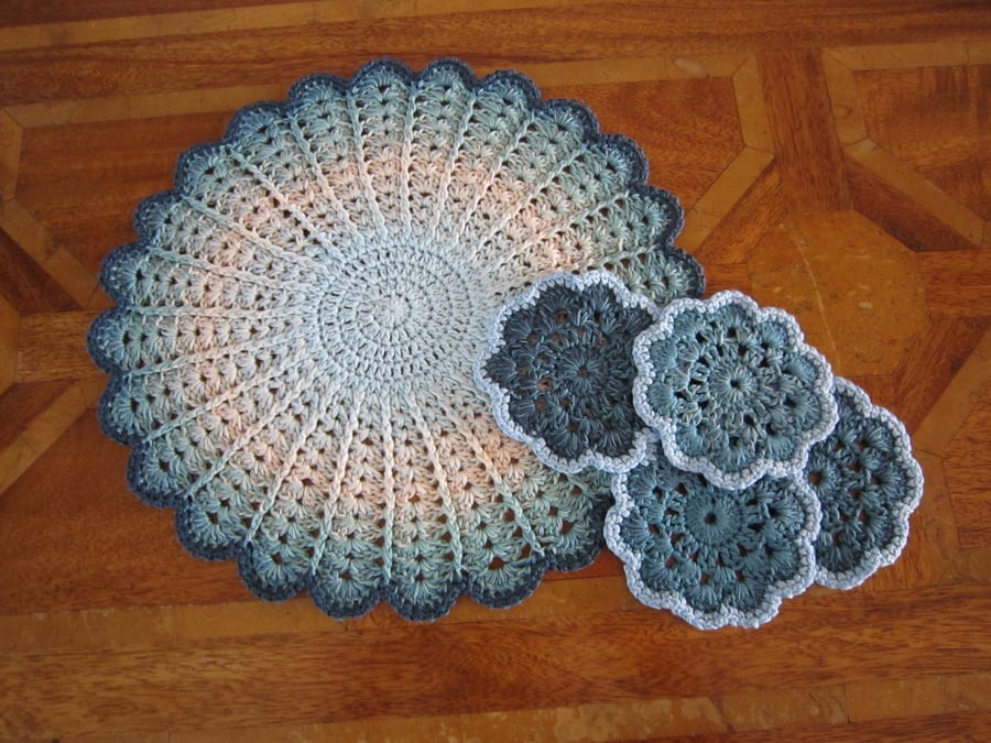 Blue Crochet Doily, Centrepiece, Placemat with Four Coasters