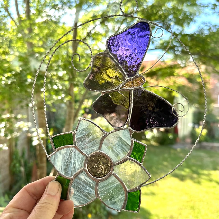 Stained Glass Butterfly and Flower Suncatcher - Window Decoration - Purple 