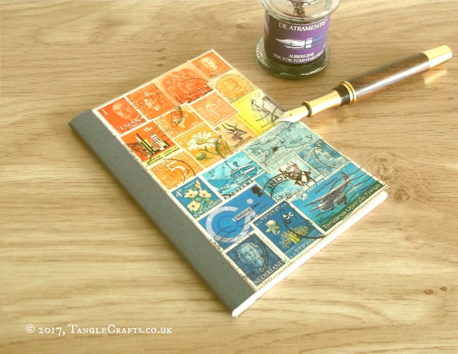 Pocket Travel Journal - Orange Blue Original Collage of Recycled Postage Stamps