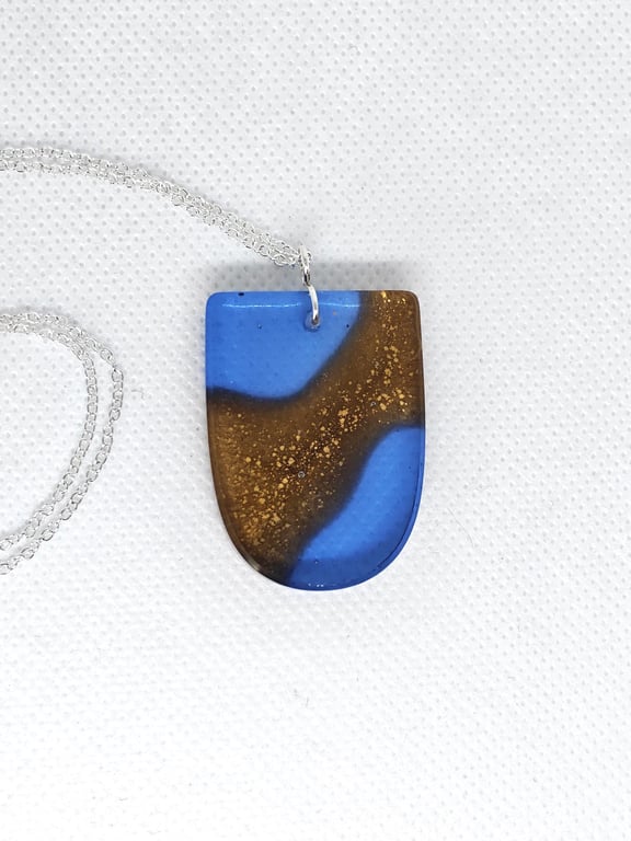 Ocean Sand Dune Resin Necklace: Handmade Blue Gold Wave Pendant