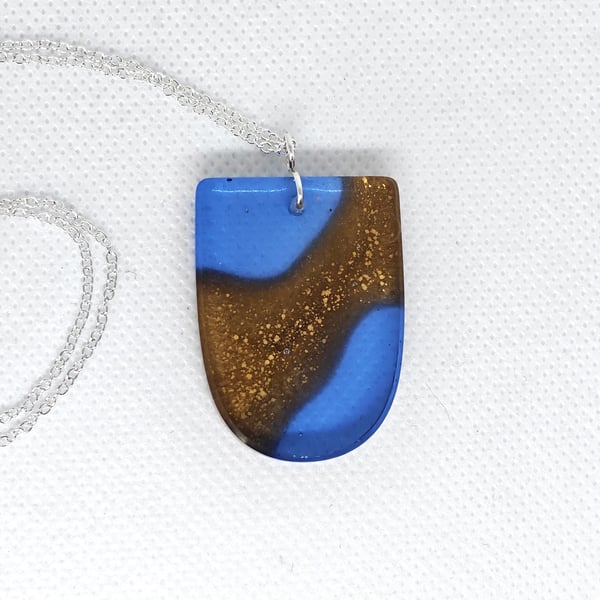 Ocean Sand Dune Resin Necklace: Handmade Blue Gold Wave Pendant