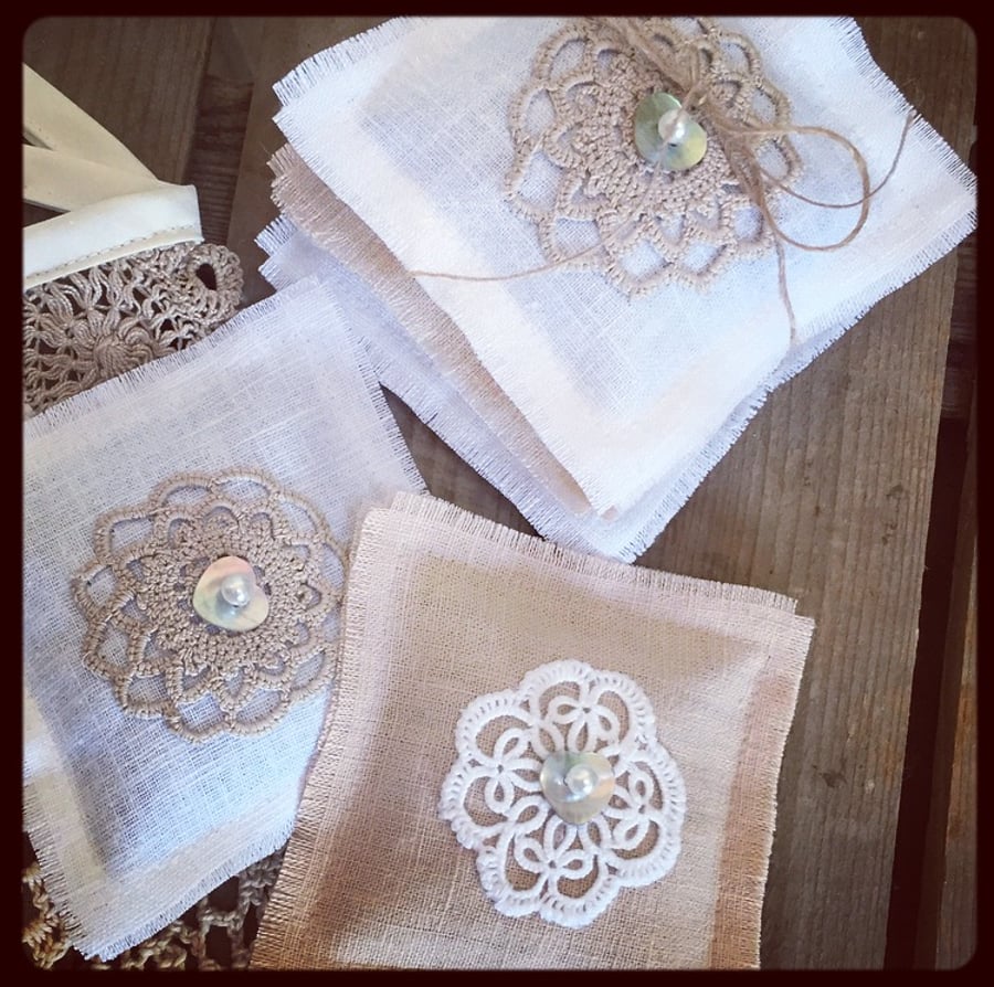 Linen and Vintage Crochet Lavender Sachet