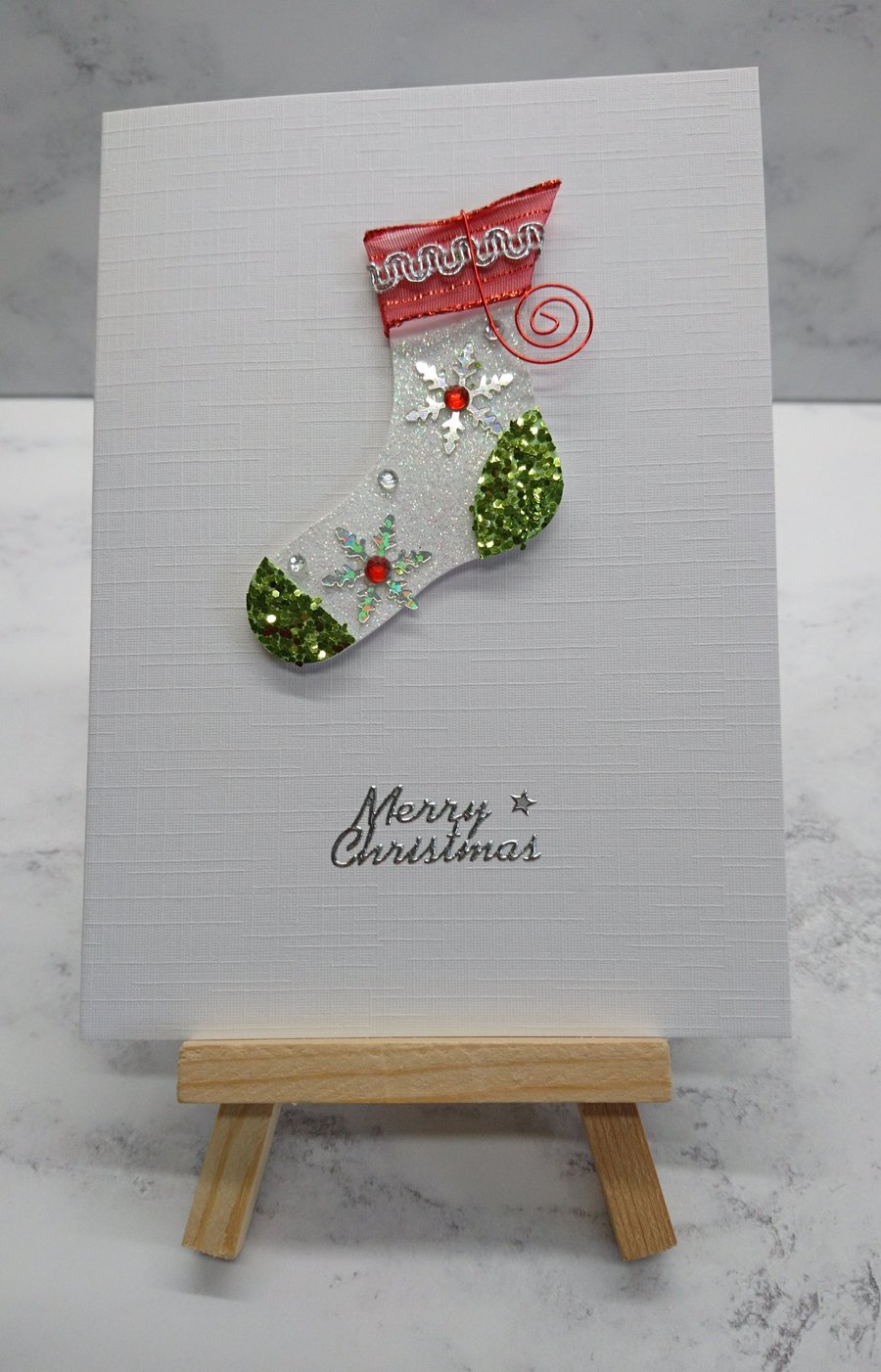 Christmas Card Mixed Media Christmas Stocking on Linen 3D Luxury Handmade Card