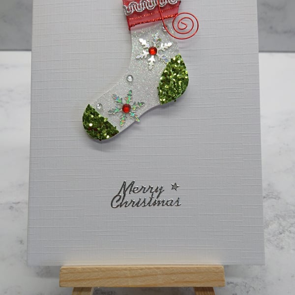 Christmas Card Mixed Media Christmas Stocking on Linen 3D Luxury Handmade Card