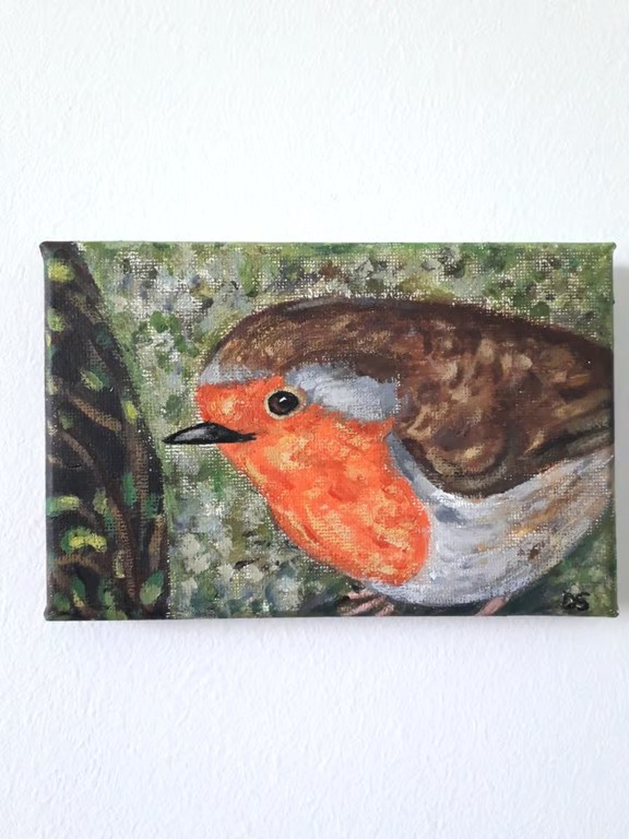 Robin on a branch looking at you, original painting on canvass 