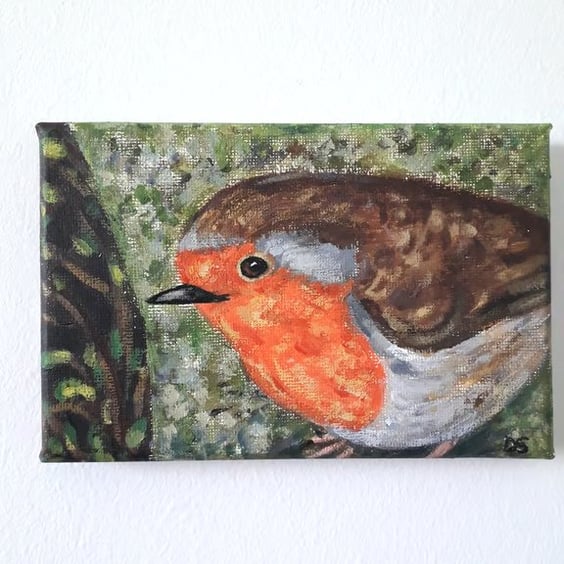Robin on a branch looking at you, original painting on canvass 