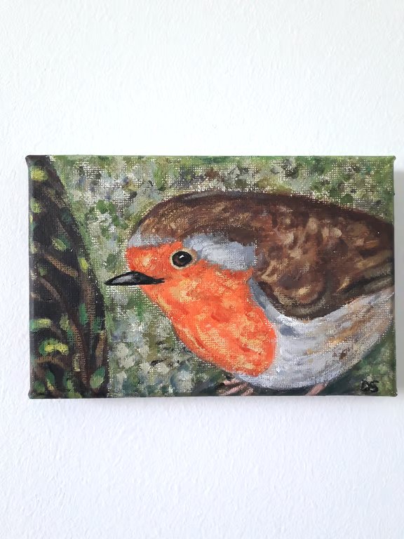 Robin on a branch looking at you, original painting on canvass 