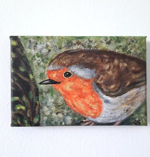 Robin on a branch looking at you, original painting on canvass 