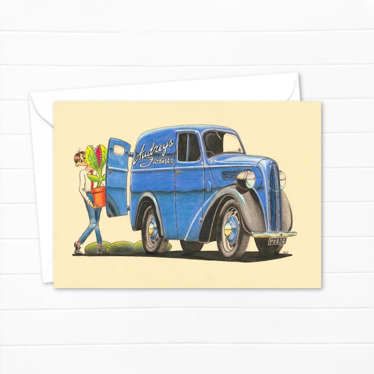 Florist Van Greeting Card: Hand Drawn Pencil Illustration (320)