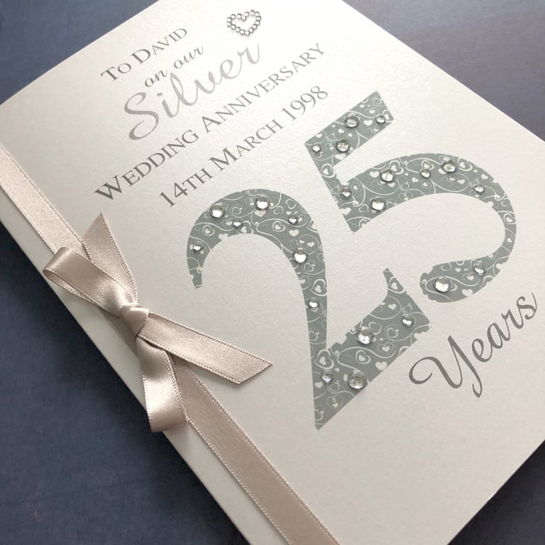 Luxury 25th (SIlver) Anniversary Card – Personalised with Names and Date