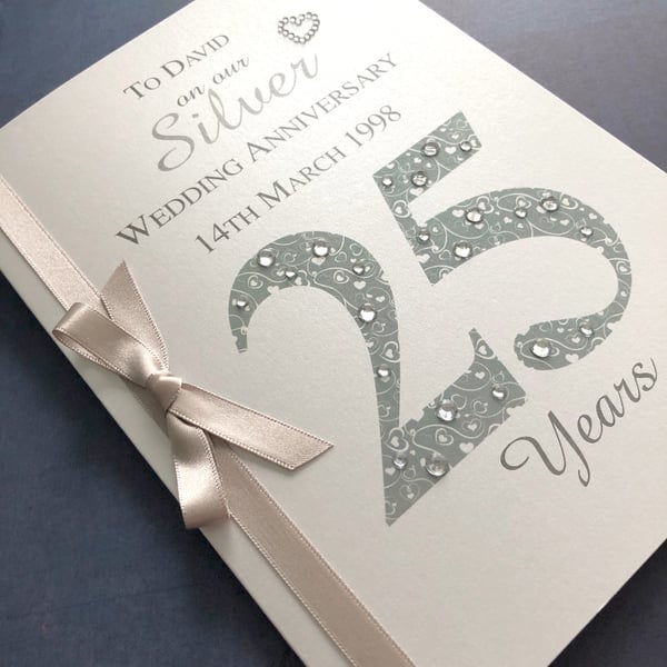 Luxury 25th (SIlver) Anniversary Card – Personalised with Names and Date