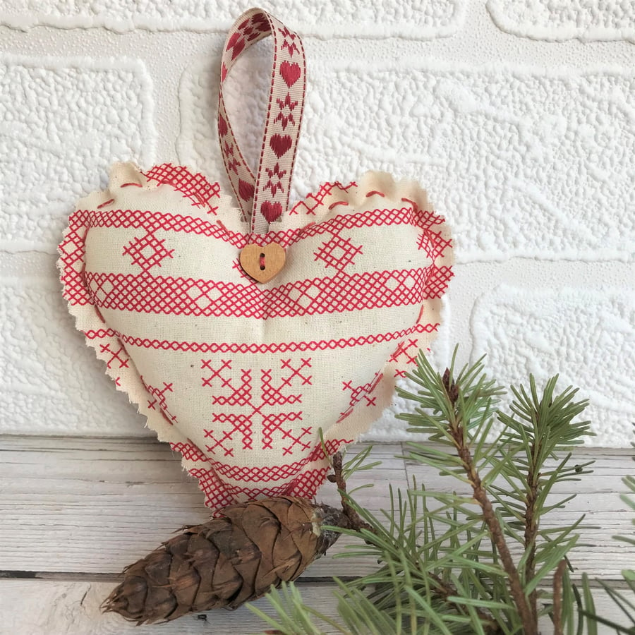 SALE, Scandi Christmas decoration, hanging heart in cream with red snowflake