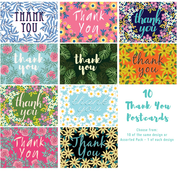 Pack of 10 Thank You Postcards with Brown Kraft Envelopes - Assorted Designs