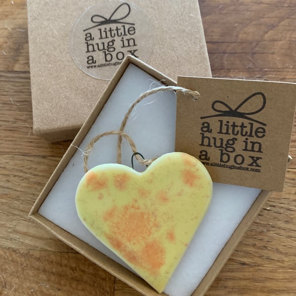  A Little Hug in a Box Hand Made Yellow Speckled Porcelain Heart  