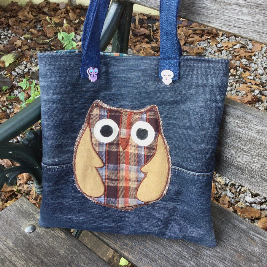 The Eric Tote -Upcycled Denim Owl Embellished Tote Bag