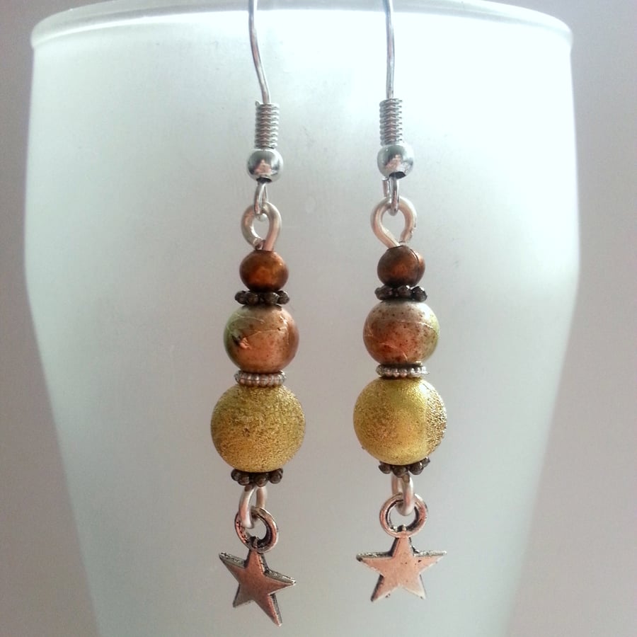 Green Gold and Copper Star Earrings - Sparkly Bead Dangle Earrings