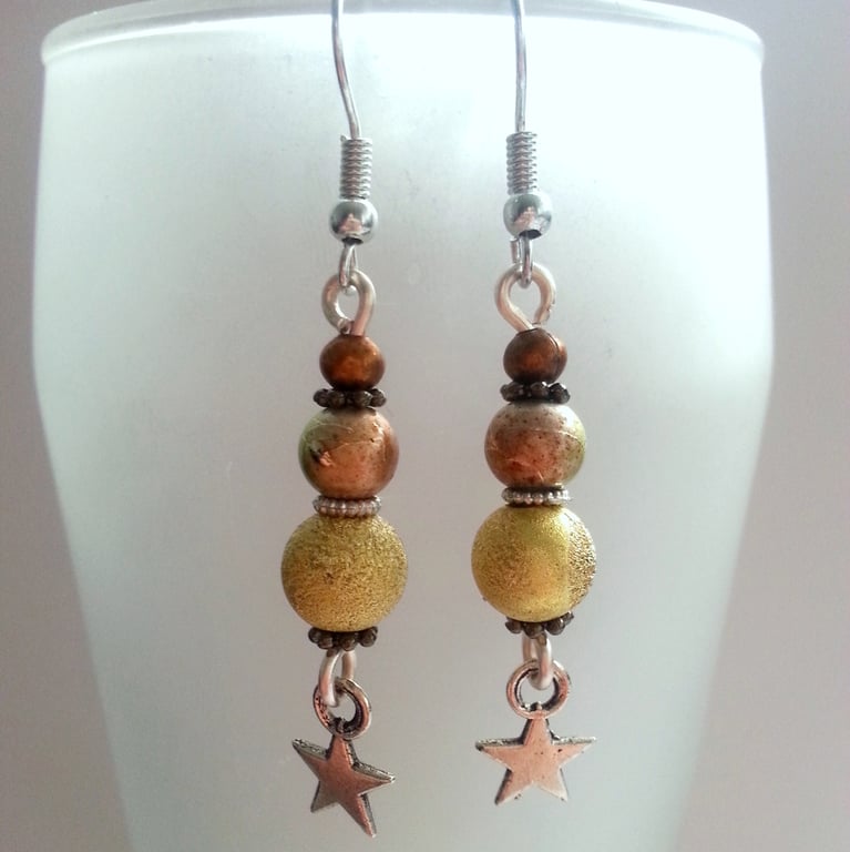 Green Gold and Copper Star Earrings - Sparkly Bead Dangle Earrings