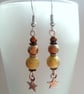 Green Gold and Copper Star Earrings - Sparkly Bead Dangle Earrings
