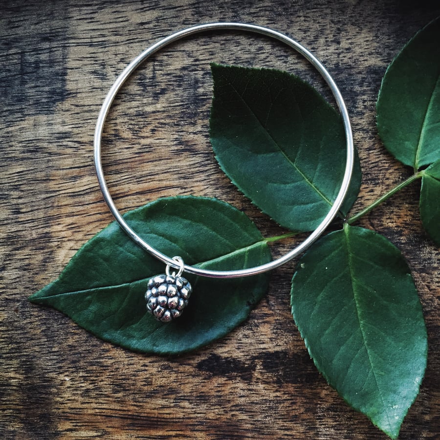 Sterling silver bangle with blackberry charm, Autumn bracelet, Christmas gift