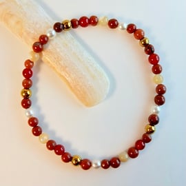 Red Jasper, Carnelian, Mother Of Pearl & Czech Pearl Bracelet- Handmade In Devon