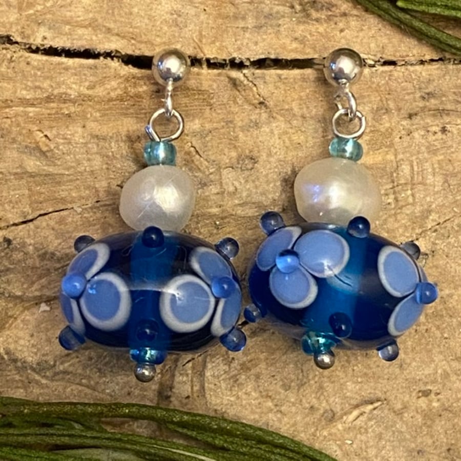 Blue glass Drop earrings - Pearl Detail. 