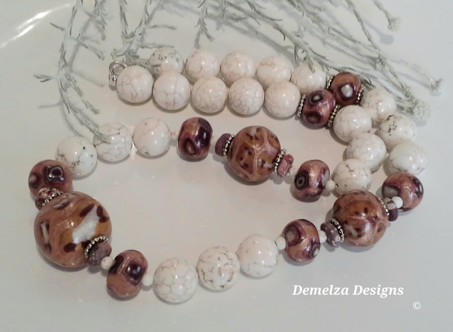 Chunky Howlite & Hand Made Polymer Clay Silver Plate Necklace