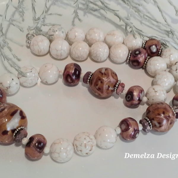 Sale Howlite & Hand Made Polymer Clay Silver Plate Necklace
