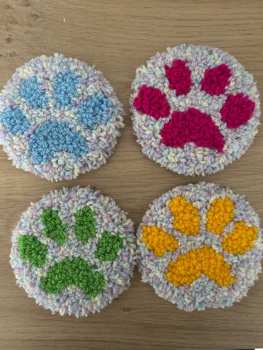 Handmade Paw Print Punch Needle Coasters – Set of 4 – Colourful Pet Lover Gift