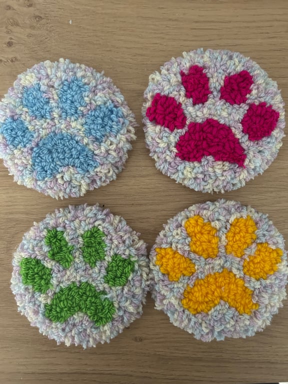  Handmade Paw Print Punch Needle Coasters – Set of 4 – Colourful Pet Lover Gift