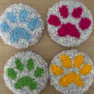  Handmade Paw Print Punch Needle Coasters – Set of 4 – Colourful Pet Lover Gift