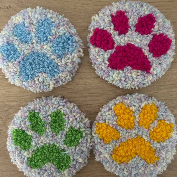  Handmade Paw Print Punch Needle Coasters – Set of 4 – Colourful Pet Lover Gift
