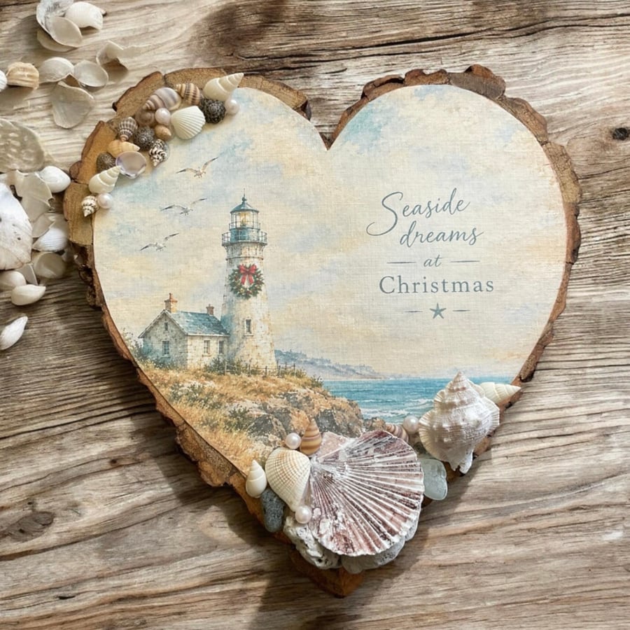Handcrafted Coastal Christmas Wooden Heart Hanging Plaque