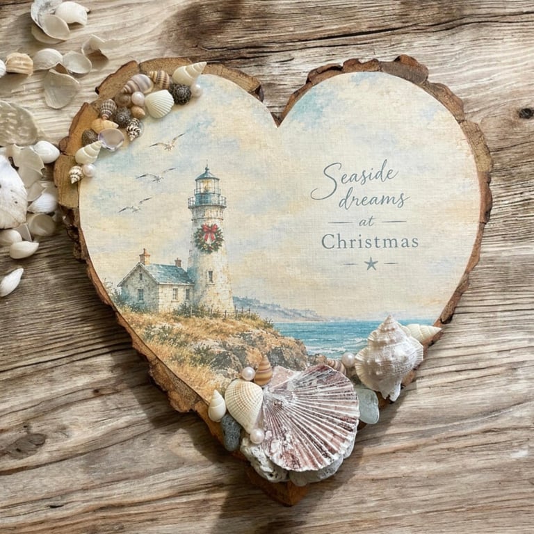 Handcrafted Coastal Christmas Wooden Heart Hanging Plaque
