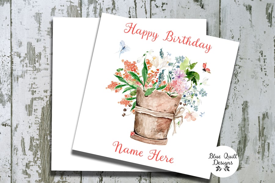 Flower Pot Garden Themed Watercolour Print Personalised Birthday Card