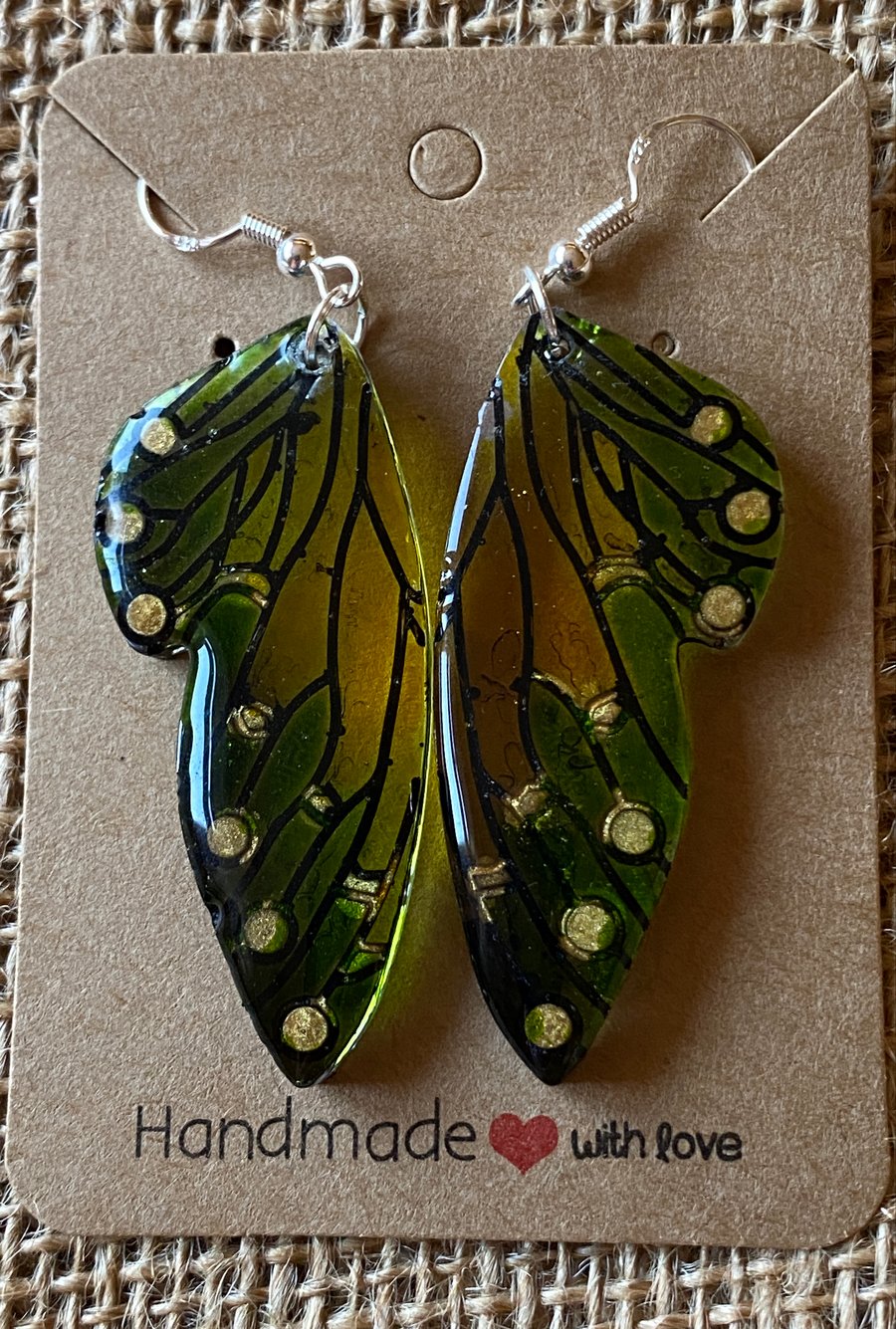 Handmade Yellow And Green Faux Stained Glass Window Butterfly Wing Earrings
