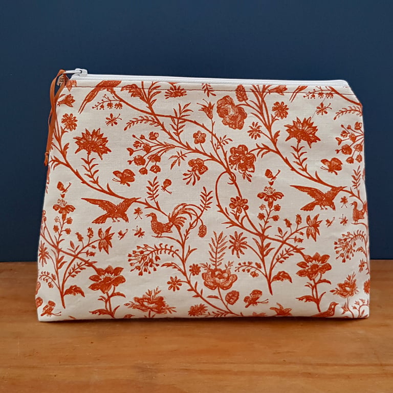 Orange Bird Floral Multi Purpose Zipper Bag - Large Storage Pouch