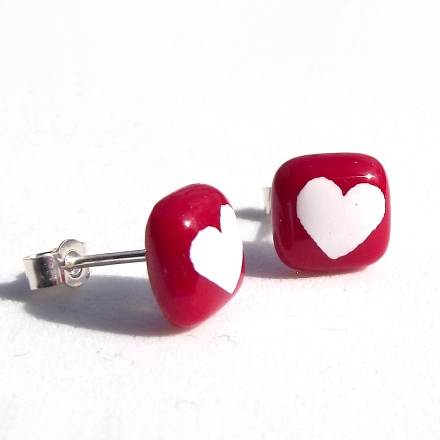 White Heart Earrings in Fused Glass with Screen Printed Kiln Fired Enamel