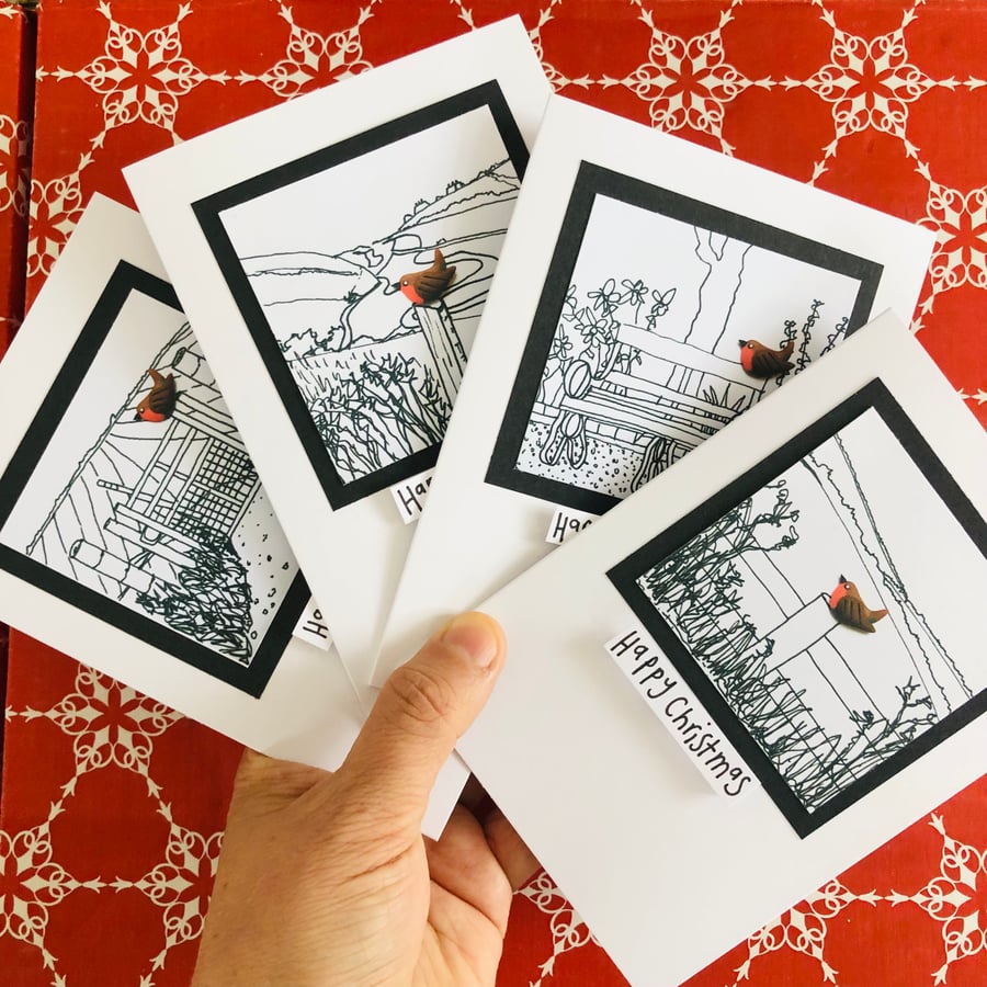 Set of 4, Robin in Landscape prints, Wishing you a very Happy Christmas Cards 