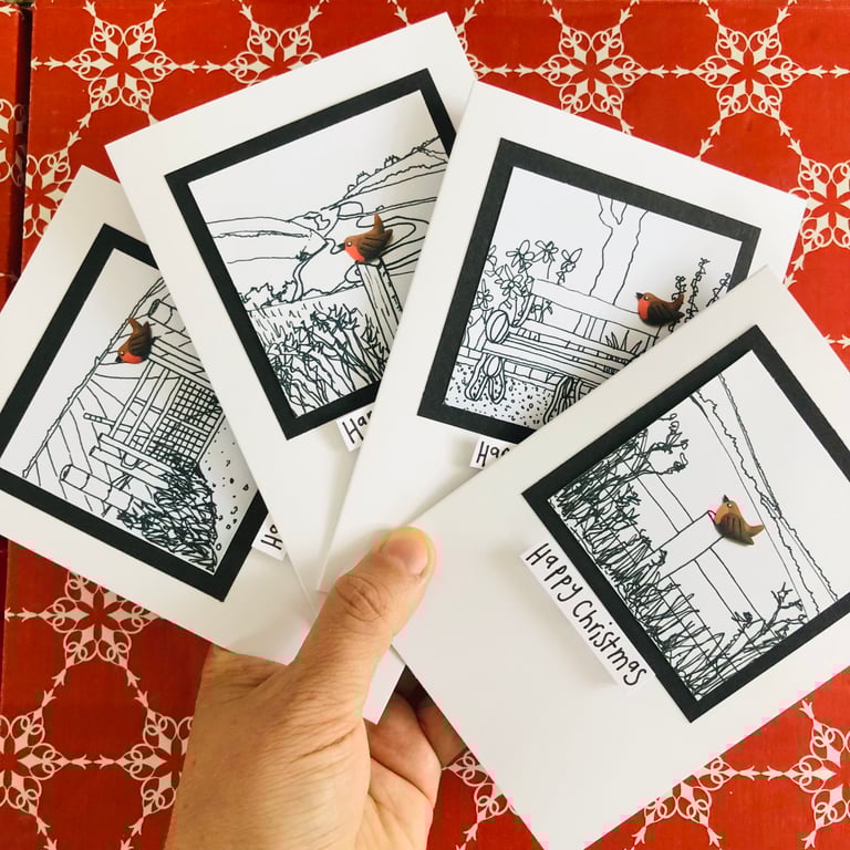 Set of 4, Robin in Landscape prints, Wishing you a very Happy Christmas Cards 